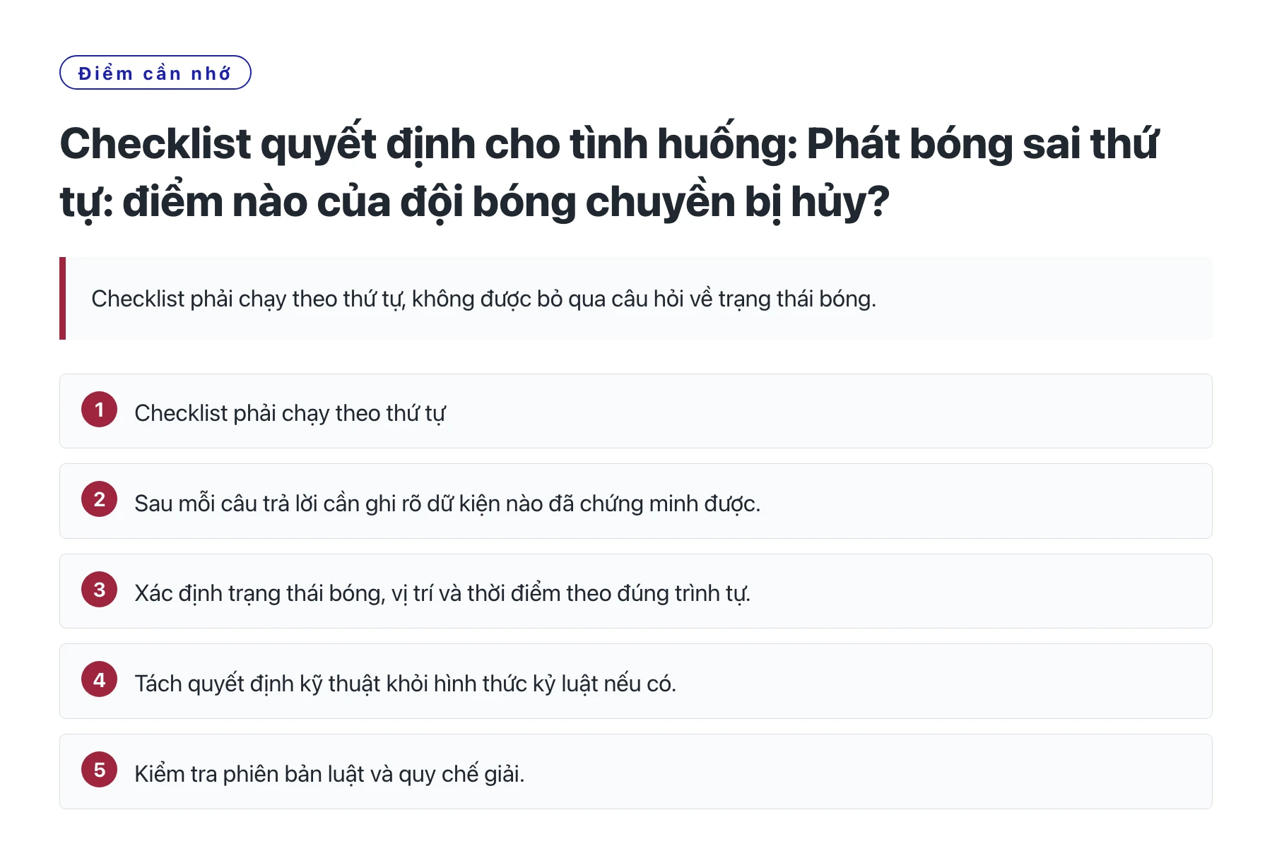 Checklist quyết định cho tình huống: Phát bóng sai thứ tự: điểm nào của đội bóng chuyền bị hủy?——全文要点速览